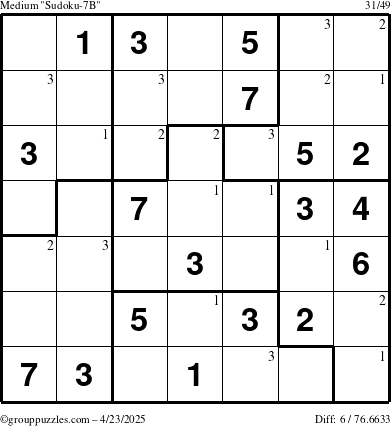 The grouppuzzles.com Medium Sudoku-7B puzzle for Wednesday April 23, 2025 with the first 3 steps marked