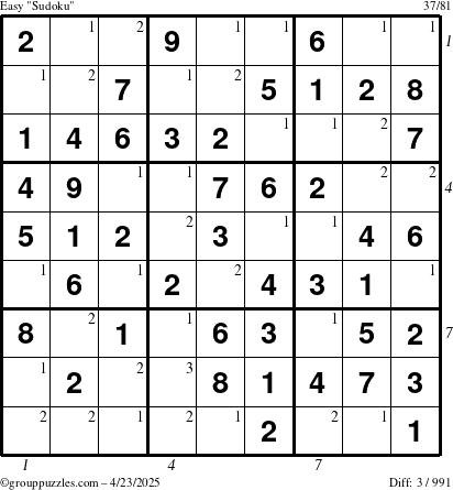 The grouppuzzles.com Easy Sudoku puzzle for Wednesday April 23, 2025 with all 3 steps marked