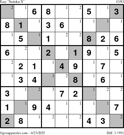 The grouppuzzles.com Easy Sudoku-X puzzle for Wednesday April 23, 2025 with the first 3 steps marked