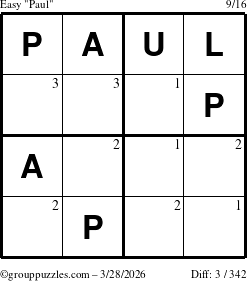 The grouppuzzles.com Easy Paul puzzle for Saturday March 28, 2026 with the first 3 steps marked