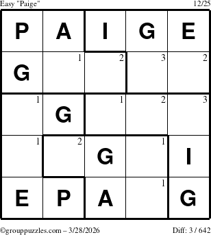 The grouppuzzles.com Easy Paige puzzle for Saturday March 28, 2026 with the first 3 steps marked