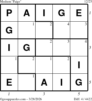 The grouppuzzles.com Medium Paige puzzle for Saturday March 28, 2026, suitable for printing, with all 4 steps marked
