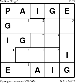 The grouppuzzles.com Medium Paige puzzle for Saturday March 28, 2026 with the first 3 steps marked