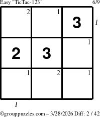 The grouppuzzles.com Easy TicTac-123 puzzle for Saturday March 28, 2026, suitable for printing, with all 2 steps marked