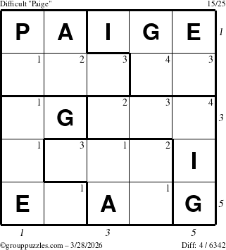 The grouppuzzles.com Difficult Paige puzzle for Saturday March 28, 2026, suitable for printing, with all 4 steps marked