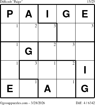The grouppuzzles.com Difficult Paige puzzle for Saturday March 28, 2026 with the first 3 steps marked