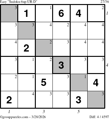 The grouppuzzles.com Easy Sudoku-6up-UR-D puzzle for Saturday March 28, 2026, suitable for printing, with all 4 steps marked