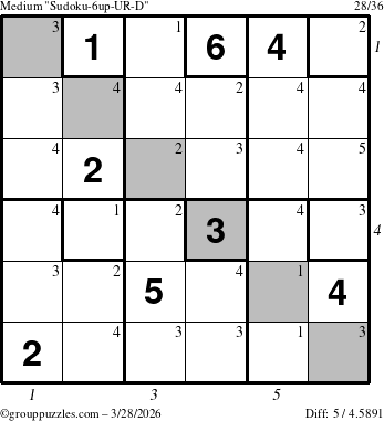 The grouppuzzles.com Medium Sudoku-6up-UR-D puzzle for Saturday March 28, 2026 with all 5 steps marked