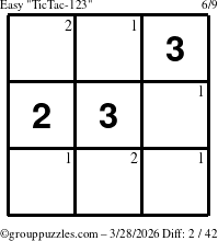 The grouppuzzles.com Easy TicTac-123 puzzle for Saturday March 28, 2026 with the first 2 steps marked