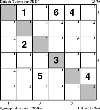 The grouppuzzles.com Difficult Sudoku-6up-UR-D puzzle for Saturday March 28, 2026 with all 6 steps marked