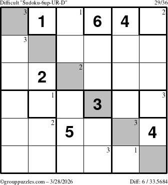 The grouppuzzles.com Difficult Sudoku-6up-UR-D puzzle for Saturday March 28, 2026 with the first 3 steps marked