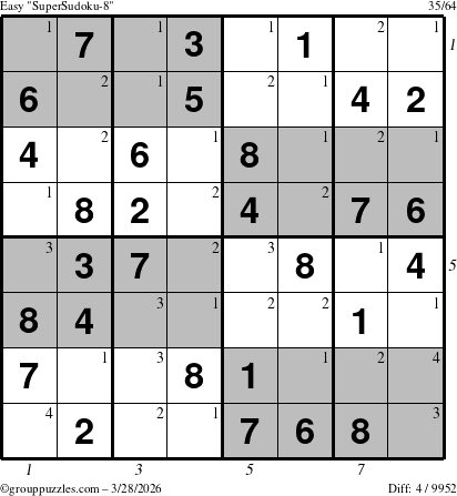 The grouppuzzles.com Easy SuperSudoku-8 puzzle for Saturday March 28, 2026 with all 4 steps marked
