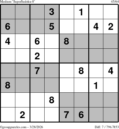 The grouppuzzles.com Medium SuperSudoku-8 puzzle for Saturday March 28, 2026