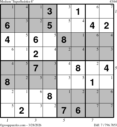 The grouppuzzles.com Medium SuperSudoku-8 puzzle for Saturday March 28, 2026, suitable for printing, with all 7 steps marked