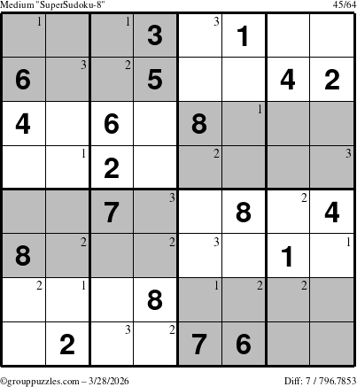 The grouppuzzles.com Medium SuperSudoku-8 puzzle for Saturday March 28, 2026 with the first 3 steps marked