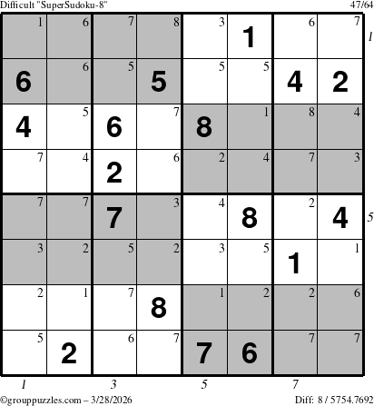 The grouppuzzles.com Difficult SuperSudoku-8 puzzle for Saturday March 28, 2026, suitable for printing, with all 8 steps marked