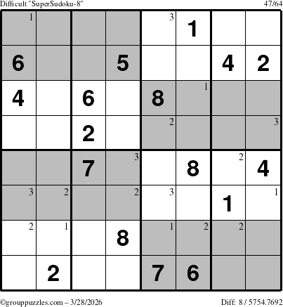The grouppuzzles.com Difficult SuperSudoku-8 puzzle for Saturday March 28, 2026 with the first 3 steps marked