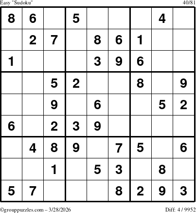 The grouppuzzles.com Easy Sudoku puzzle for Saturday March 28, 2026