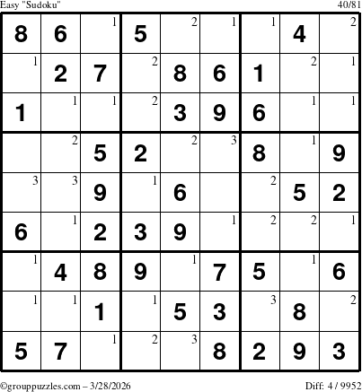 The grouppuzzles.com Easy Sudoku puzzle for Saturday March 28, 2026 with the first 3 steps marked