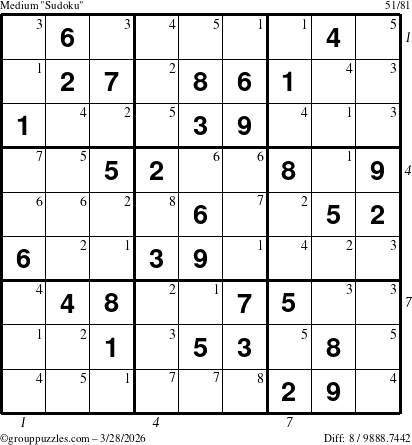 The grouppuzzles.com Medium Sudoku puzzle for Saturday March 28, 2026, suitable for printing, with all 8 steps marked