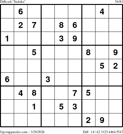 The grouppuzzles.com Difficult Sudoku puzzle for Saturday March 28, 2026
