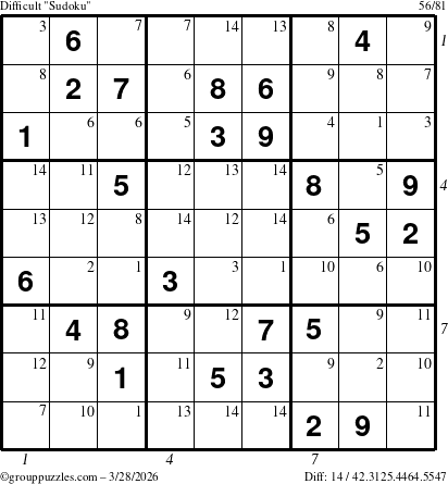 The grouppuzzles.com Difficult Sudoku puzzle for Saturday March 28, 2026 with all 14 steps marked