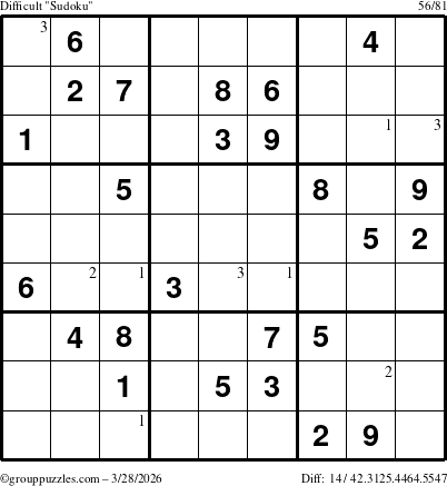 The grouppuzzles.com Difficult Sudoku puzzle for Saturday March 28, 2026 with the first 3 steps marked