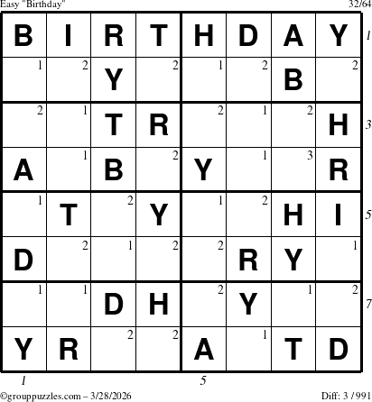The grouppuzzles.com Easy Birthday puzzle for Saturday March 28, 2026 with all 3 steps marked