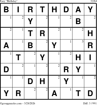 The grouppuzzles.com Easy Birthday puzzle for Saturday March 28, 2026 with the first 3 steps marked