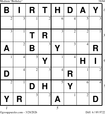 The grouppuzzles.com Medium Birthday puzzle for Saturday March 28, 2026 with all 6 steps marked