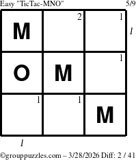 The grouppuzzles.com Easy TicTac-MNO puzzle for Saturday March 28, 2026, suitable for printing, with all 2 steps marked