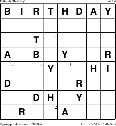 The grouppuzzles.com Difficult Birthday puzzle for Saturday March 28, 2026 with the first 3 steps marked