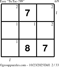 The grouppuzzles.com Easy TicTac-789 puzzle for Thursday October 23, 2025 with all 2 steps marked