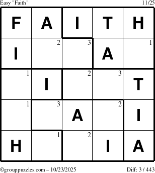 The grouppuzzles.com Easy Faith puzzle for Thursday October 23, 2025 with the first 3 steps marked