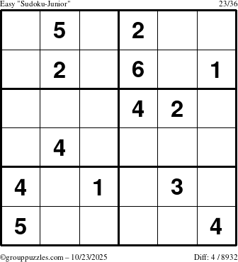 The grouppuzzles.com Easy Sudoku-Junior puzzle for Thursday October 23, 2025