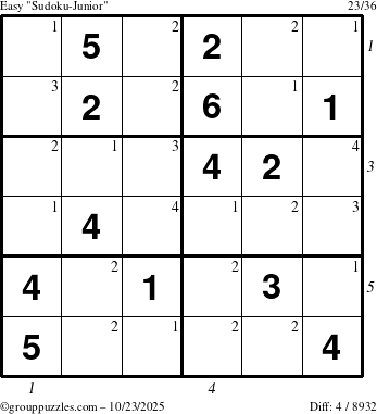 The grouppuzzles.com Easy Sudoku-Junior puzzle for Thursday October 23, 2025 with all 4 steps marked