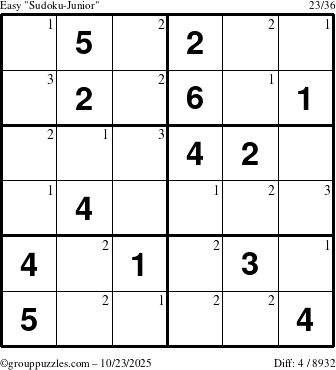The grouppuzzles.com Easy Sudoku-Junior puzzle for Thursday October 23, 2025 with the first 3 steps marked