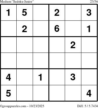 The grouppuzzles.com Medium Sudoku-Junior puzzle for Thursday October 23, 2025