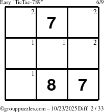 The grouppuzzles.com Easy TicTac-789 puzzle for Thursday October 23, 2025 with the first 2 steps marked