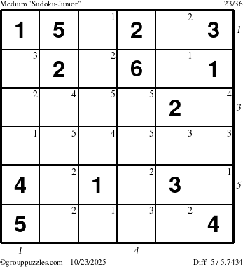 The grouppuzzles.com Medium Sudoku-Junior puzzle for Thursday October 23, 2025, suitable for printing, with all 5 steps marked
