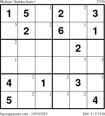 The grouppuzzles.com Medium Sudoku-Junior puzzle for Thursday October 23, 2025 with the first 3 steps marked