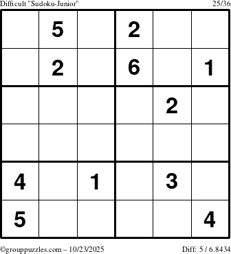 The grouppuzzles.com Difficult Sudoku-Junior puzzle for Thursday October 23, 2025