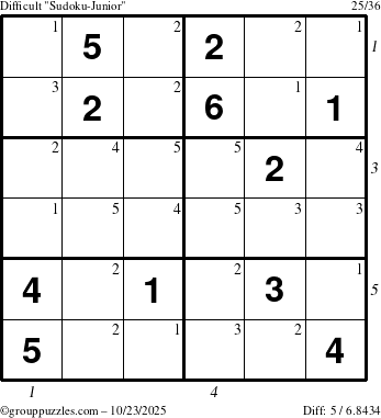The grouppuzzles.com Difficult Sudoku-Junior puzzle for Thursday October 23, 2025, suitable for printing, with all 5 steps marked