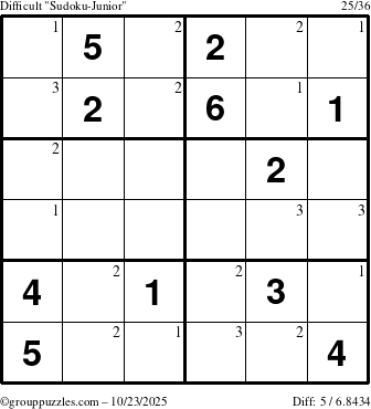 The grouppuzzles.com Difficult Sudoku-Junior puzzle for Thursday October 23, 2025 with the first 3 steps marked