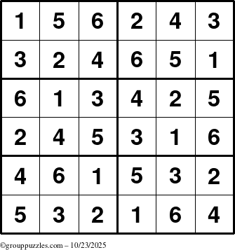 The grouppuzzles.com Answer grid for the Sudoku-Junior puzzle for Thursday October 23, 2025