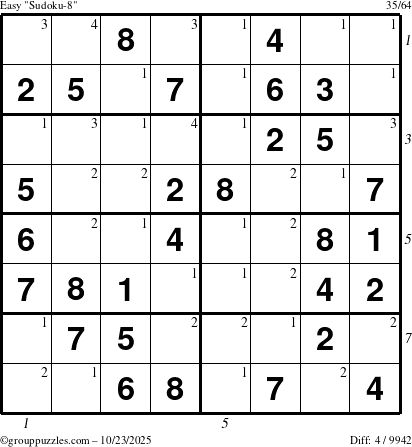 The grouppuzzles.com Easy Sudoku-8 puzzle for Thursday October 23, 2025 with all 4 steps marked