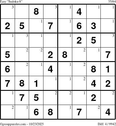 The grouppuzzles.com Easy Sudoku-8 puzzle for Thursday October 23, 2025 with the first 3 steps marked