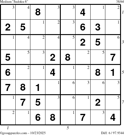 The grouppuzzles.com Medium Sudoku-8 puzzle for Thursday October 23, 2025, suitable for printing, with all 6 steps marked