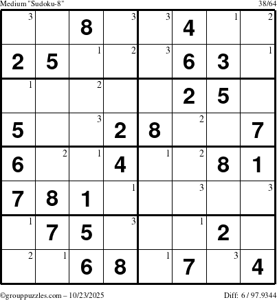 The grouppuzzles.com Medium Sudoku-8 puzzle for Thursday October 23, 2025 with the first 3 steps marked