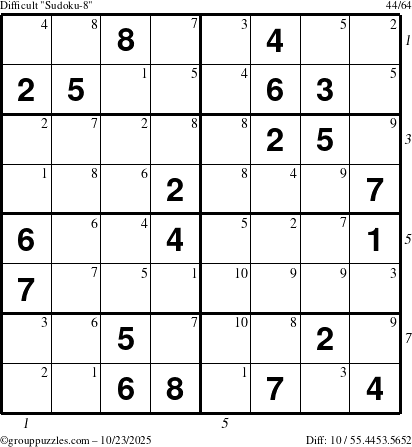 The grouppuzzles.com Difficult Sudoku-8 puzzle for Thursday October 23, 2025, suitable for printing, with all 10 steps marked